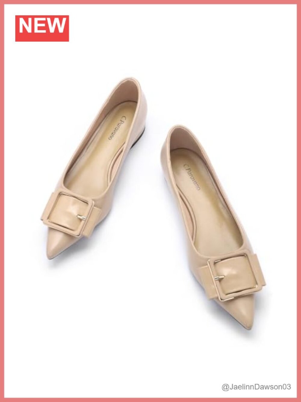Pointed Toe Ballet Flats with Square Metal Buckle, Lambskin Lining, Memory